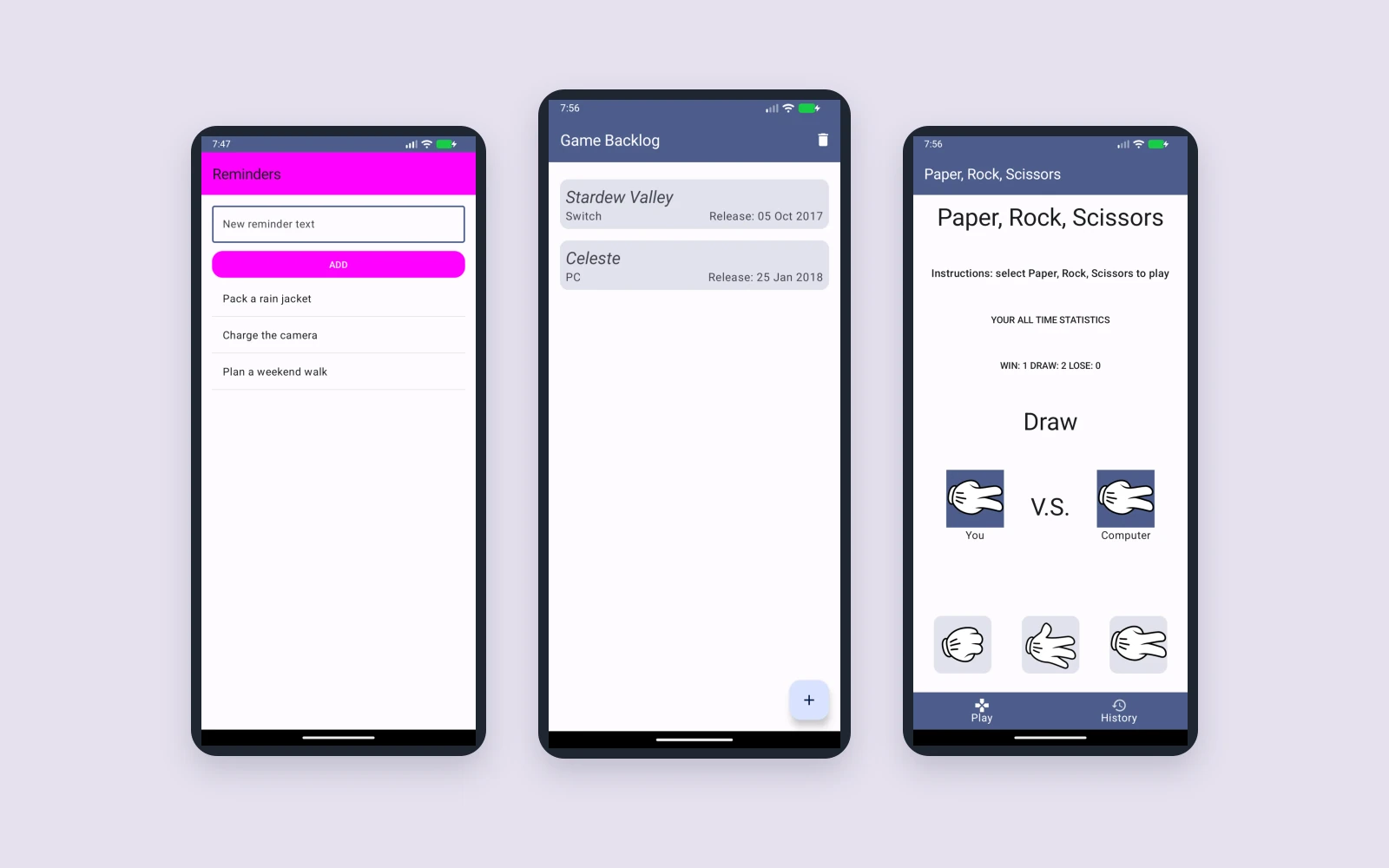 Three separate Android MAD apps: populated reminders, a persisted game backlog and played rounds.