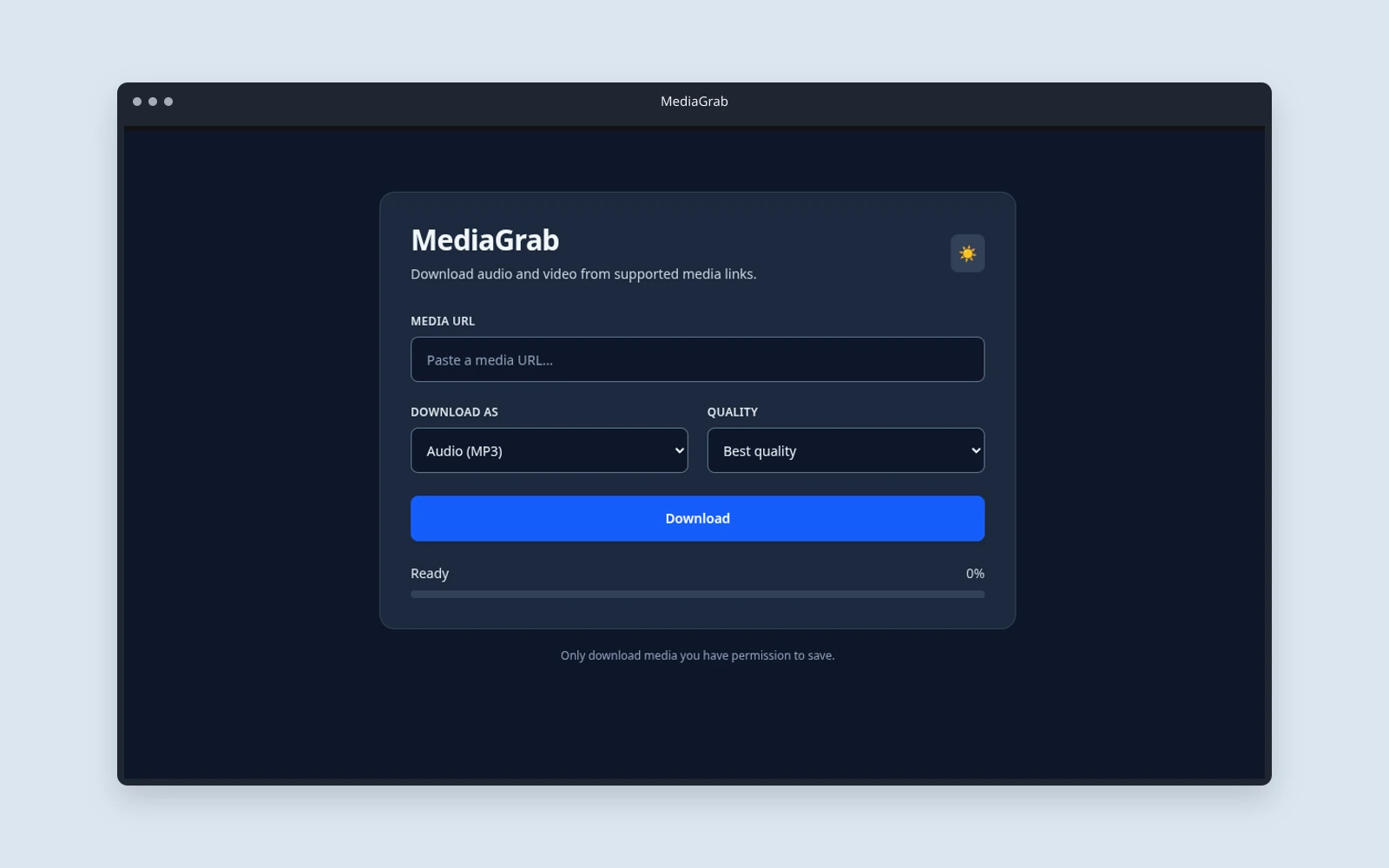 MediaGrab’s real web interface for choosing a media URL, format and quality.