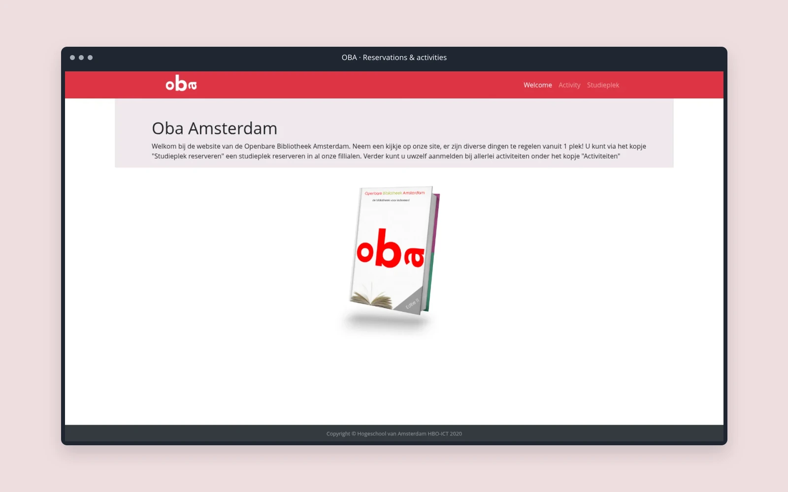 The original OBA application welcome page for reservations and library activities.