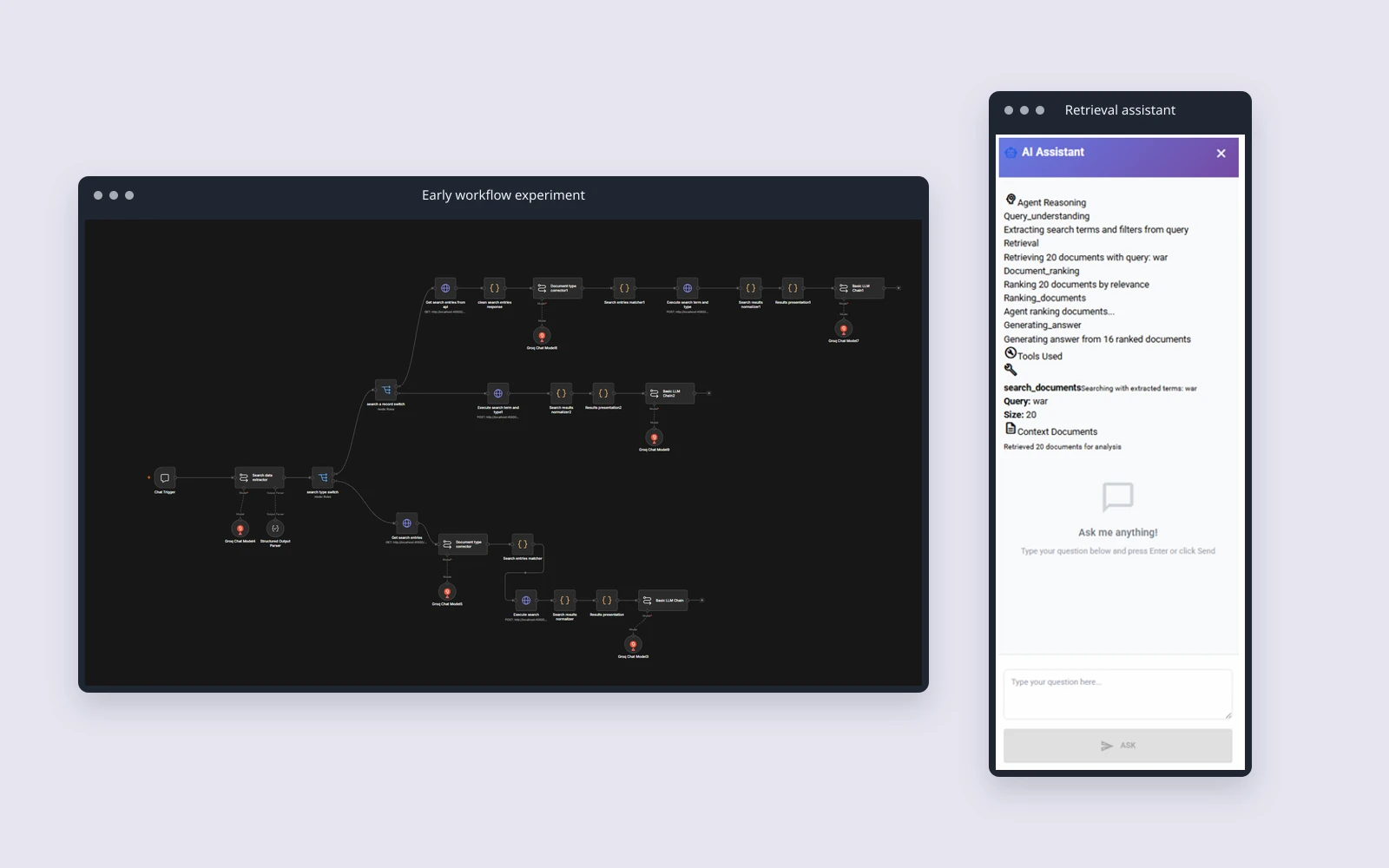 The authentic retrieval assistant panel alongside the early n8n workflow experiment.