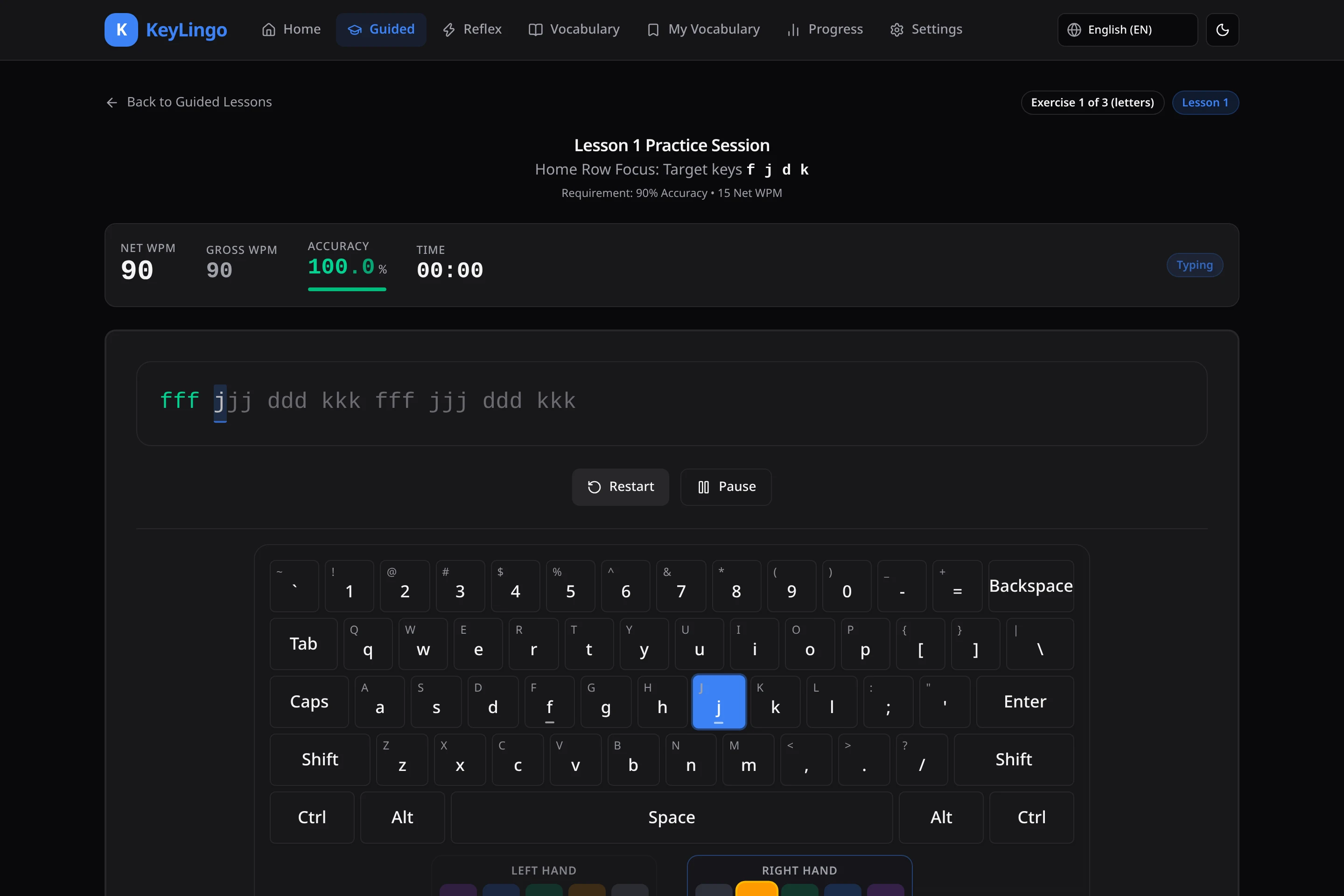 KeyLingo application with a horizontal navigation bar and typing practice interface.