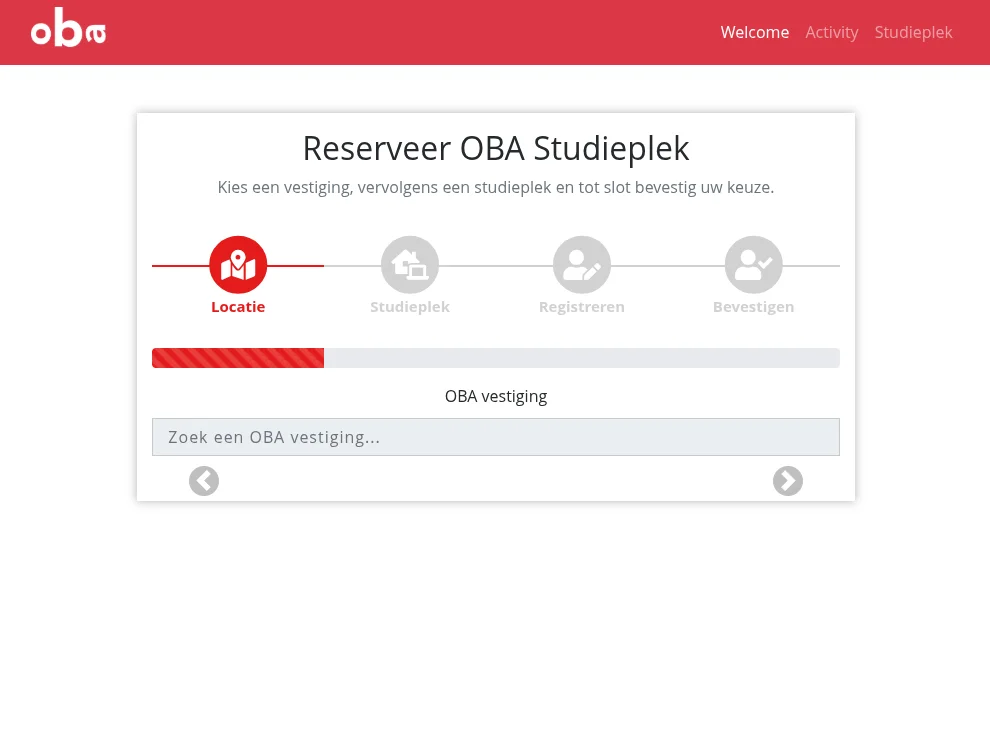 OBA study-place reservation interface with four steps, a branch search field, and carousel controls. The location step is active and no branch cards are displayed.
